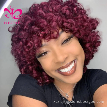 99J Short Bob Curly Wig for Women Burgundy Colored Bouncy Curly Human Hair Wigs with Bangs Full Machine Made Brazilian Remy Hair